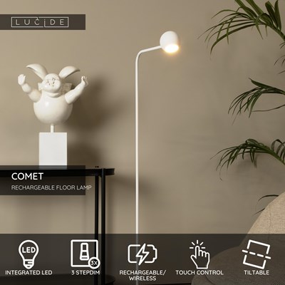 Lucide COMET - Rechargeable Floor lamp - Battery pack- LED 3 StepDim - 1x3W 2700K - White